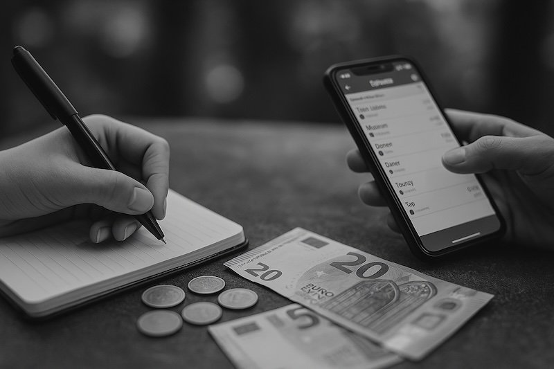 A black and white close-up photograph of two sisters’ hands at a café table while budgeting for their trip. One writes in a notebook beside euro bills and coins, while the other checks a budgeting app on a smartphone. The background features strong bokeh