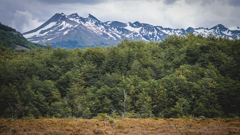 Snow-capped mountain peaks hiking in Tierra del Fuego in Argentina Snow-capped mountain peaks hiking in Tierra del Fuego in Argentina