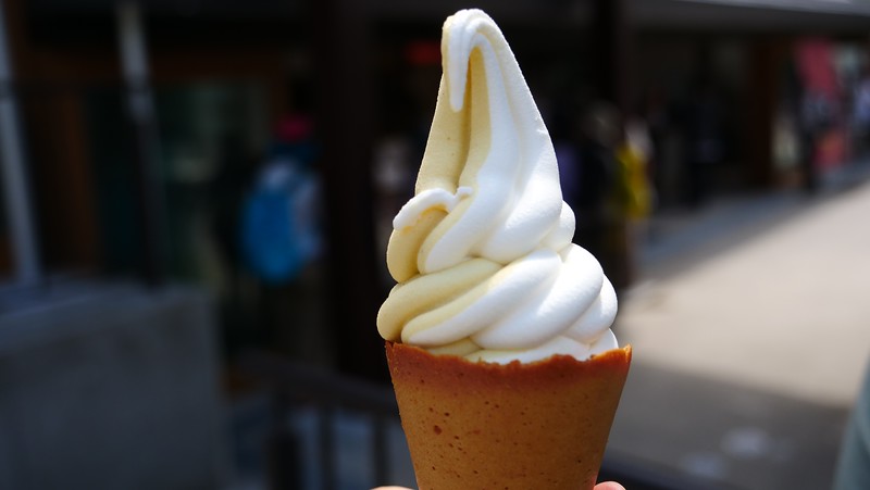 Soft serve ice cream on Mount Takao with the local specialty flavor of honeyberry was a sweet yet refreshing treat