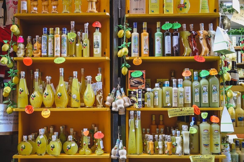Sorrento limoncello products for sale at a store in Italy Sorrento limoncello products for sale at a store in Italy