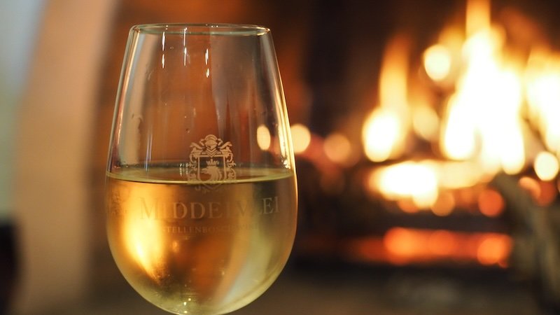 South African wine by the fireplace in Stellenbosch, South Africa 