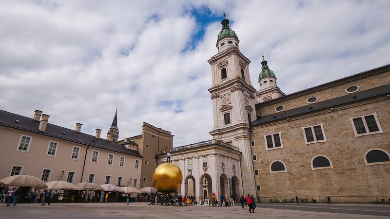 Sphaera is a golden sphere sculptures which locals in Salzburg have nicknamed Mozartkugel in Austria