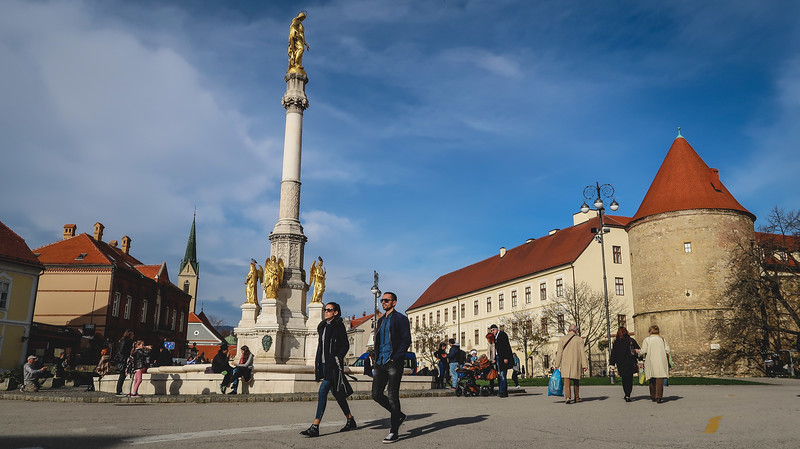 Square in front of Zagreb Cathedral with pedestrians enjoying leisurely walking and just hanging out and socializing in Croatia