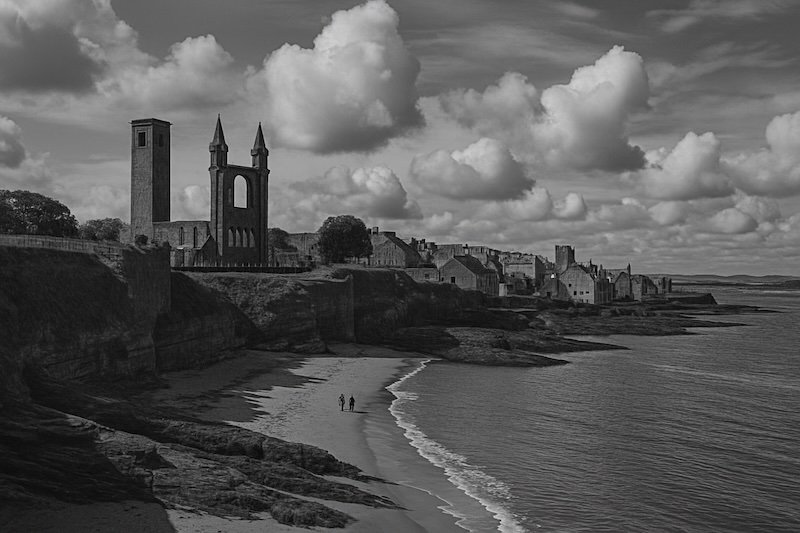 A black and white photograph of the ruins of St Andrews Cathedral in Scotland, perched dramatically on coastal cliffs overlooking a sandy beach. The twin spires and stone walls rise against a sky of billowing clouds, with the historic town and calm sea stretching into the distance A black and white photograph of the ruins of St Andrews Cathedral in Scotland, perched dramatically on coastal cliffs overlooking a sandy beach. The twin spires and stone walls rise against a sky of billowing clouds, with the historic town and calm sea stretching into the distance