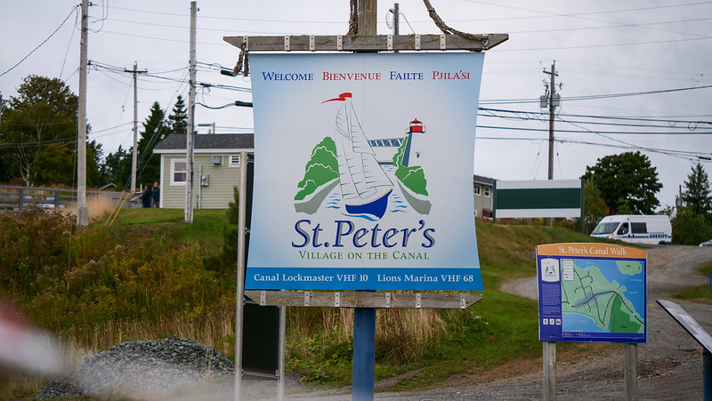 St. Peters Village on the Canal located on Cape Breton, Nova Scotia, Canada signboard 