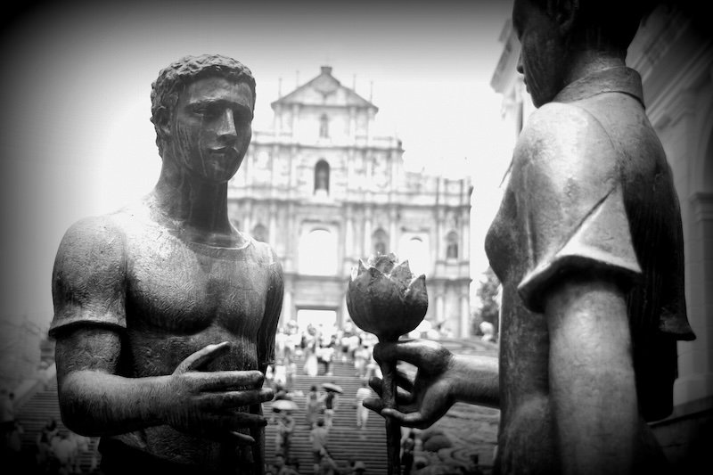 Statue outside St Paul Ruins in Macau greyscale details Statue outside St Paul Ruins in Macau greyscale details