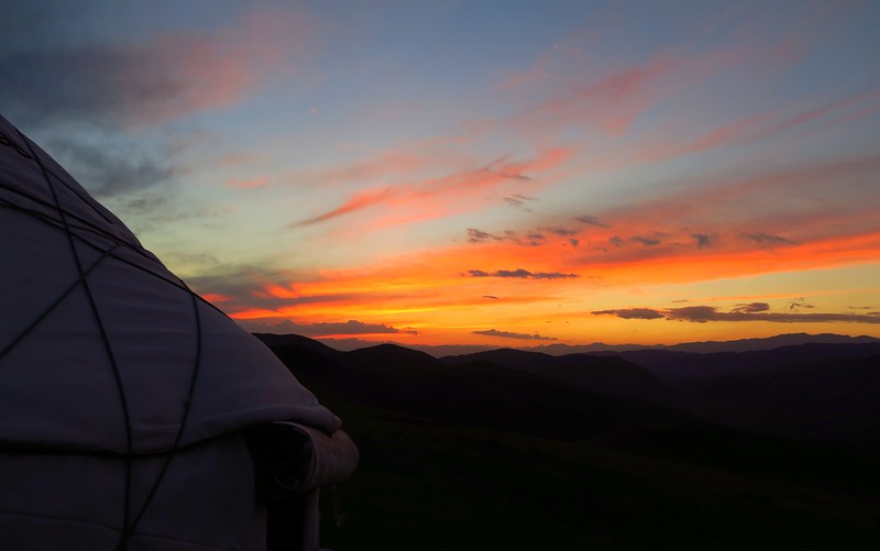 Sunset from just outside of our yurt in Kyrgyzstan with the sky on fire