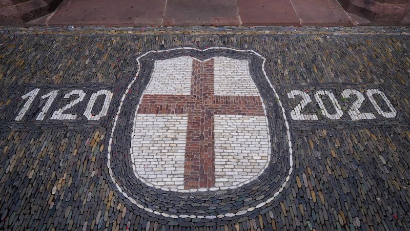 Commemorative mosaic at the Swabian Gate in Freiburg im Breisgau, Germany, displaying the city’s crest and the years 1120–2020 to mark 900 years of history