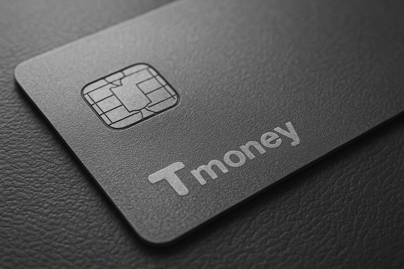A black and white macro photograph of a Korean T-Money transportation card placed on a textured surface. The image focuses on the chip and the card’s fine embossed details, captured at an angle with shallow depth of field, highlighting its texture and edges