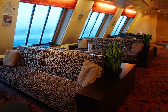 Comfort Class lounge aboard the Tallink Silja Line ferry from Tallinn to Helsinki with zebra-print seating and panoramic Baltic Sea views