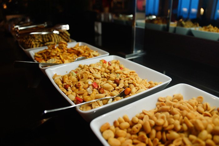 Snack selection in the Comfort Class lounge aboard the Tallink Silja Line ferry from Helsinki to Tallinn, Estonia