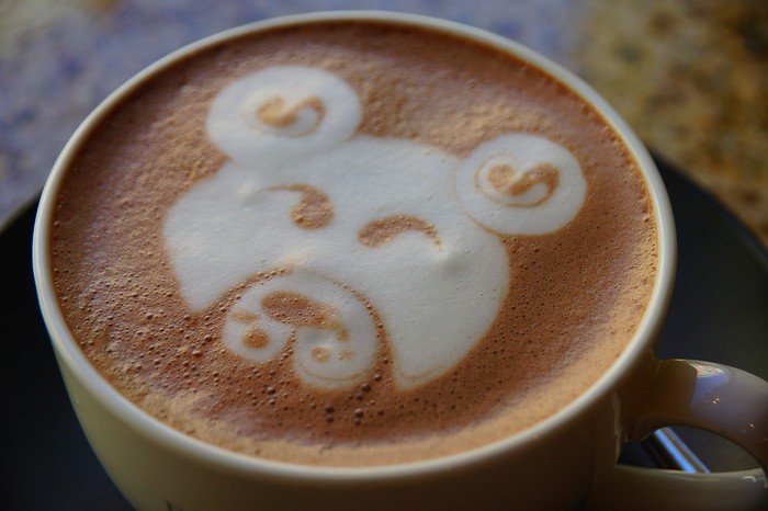 Cute bear latte art foam design in a hot chocolate at a cozy café in Tallinn, Estonia