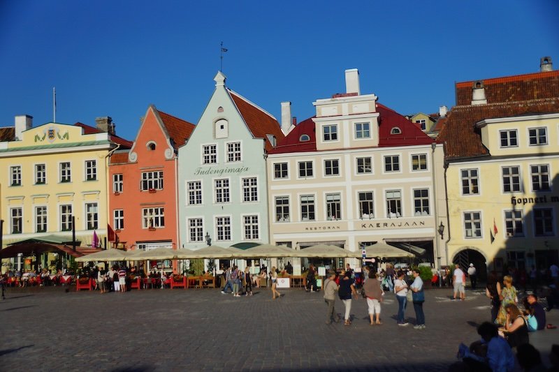 Colorful medieval buildings in Tallinn Old Town Square, Estonia, a UNESCO World Heritage architectural landmark