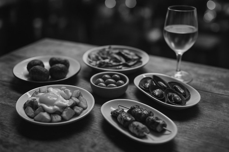 A black and white photograph of a tapas lunch spread at Barcelona’s La Boqueria Market. The rustic wooden table is filled with patatas bravas topped with sauce, croquetas, mussels, olives, skewers, and a glass of wine, captured with soft light and shallow depth of field for a cozy, authentic feel A black and white photograph of a tapas lunch spread at Barcelona’s La Boqueria Market. The rustic wooden table is filled with patatas bravas topped with sauce, croquetas, mussels, olives, skewers, and a glass of wine, captured with soft light and shallow depth of field for a cozy, authentic feel