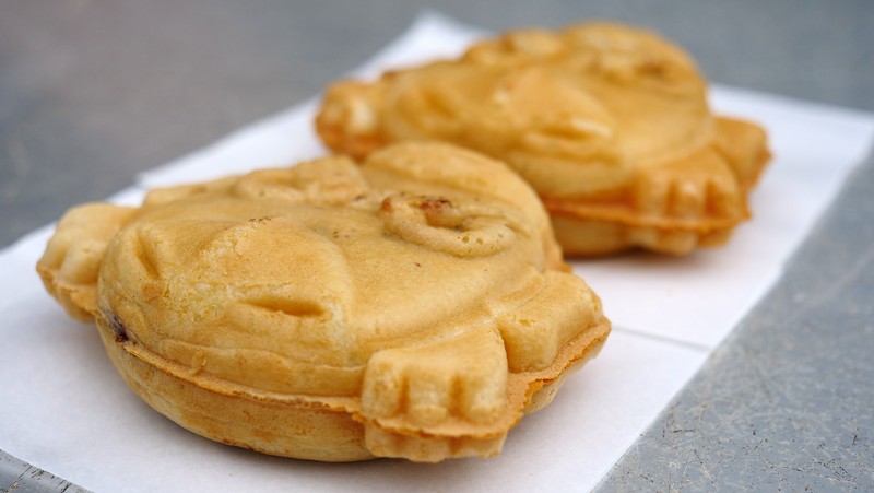 Tenguyaki street food on Mount Takao is a stuffed pancake with red bean paste that is sweet but not overly sugary 