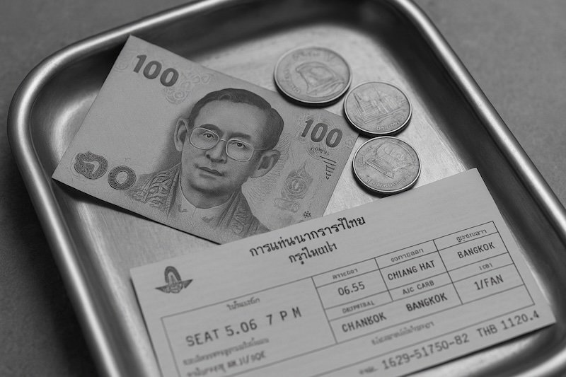 A black and white close-up photograph showing Thai Baht currency and a printed train ticket placed on a metal tray at a station ticket counter. A 100 Baht note, several coins, and the ticket are arranged neatly, highlighting textures and transaction details