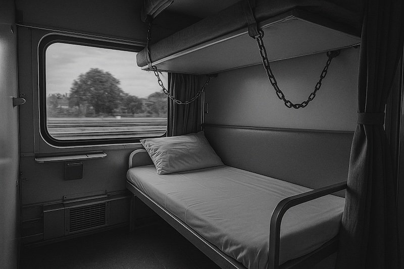 A black and white photograph of a sleeper bunk inside a Thai overnight train. The neatly made lower bunk has a pillow and sheet, with the upper bunk folded above and supported by chains. A large window reveals blurred scenery outside, creating a cozy travel atmosphere