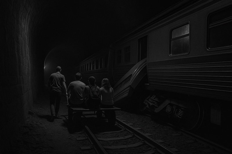 A black and white photograph of a derailed Thai train inside a dark tunnel, with passengers being evacuated on a small manual trolley. Light from the tunnel entrance casts long shadows, illuminating the tilted train carriage and the stone tunnel walls, creating a tense, dramatic scene