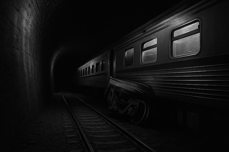 A black and white photograph of a derailed Thai passenger train inside a dark tunnel. One of the carriages is leaning off the tracks, illuminated by faint light from the tunnel entrance. The stone tunnel walls and shadows create a tense, dramatic atmosphere