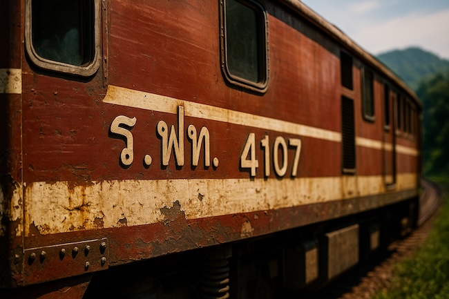 Thai train heading north to Chiang Mai rustic details 