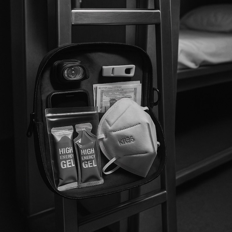 A black and white photograph of a compact emergency “micro-go-bag” hanging from a train bunk ladder. The open pouch neatly displays a headlamp, whistle, phone in a dry bag, photocopied documents, energy gels, and a KN95 mask. The dim sleeper carriage lighting adds a sense of preparedness