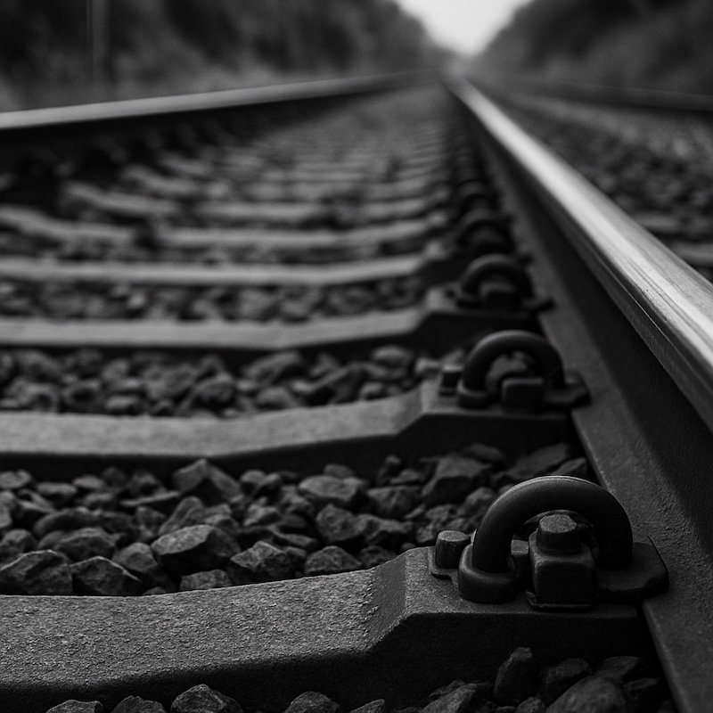 A black and white photograph taken from a low angle focusing on the macro details of Thai railway tracks. The image highlights the steel rails, metal fastenings, and gravel between sleepers in sharp focus, with the tracks leading into the distance and softly blurring away