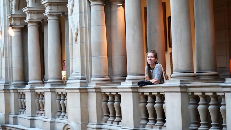 That Backpacker Audrey Bergner admiring art fro the balcony at a museum in Glasgow, Scotland That Backpacker Audrey Bergner admiring art fro the balcony at a museum in Glasgow, Scotland