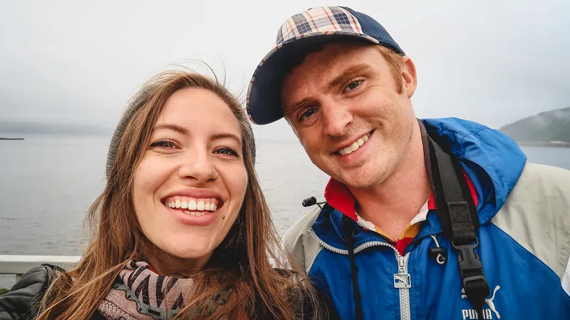 That Backpacker Audrey Bergner and Nomadic Samuel all smiles travelling in Scotland to visit Dunoon