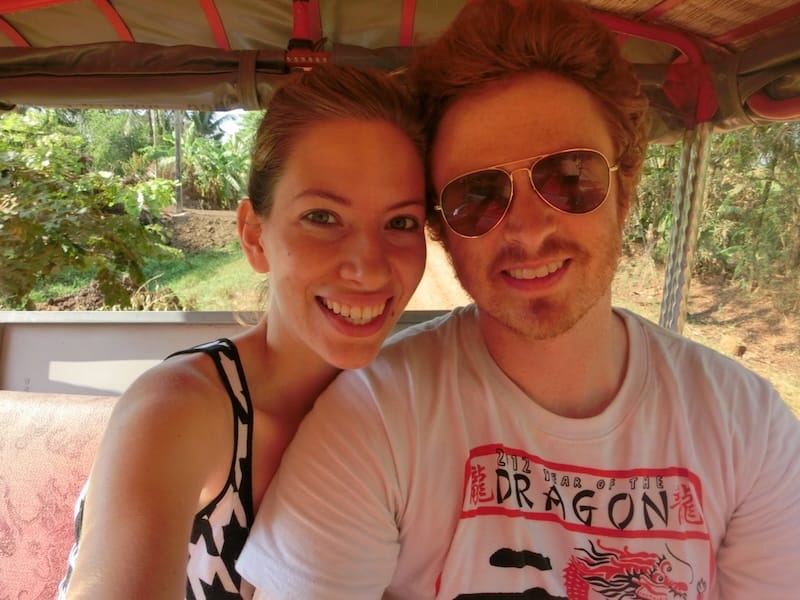 That Backpacker Audrey Bergner and Nomadic Samuel enjoying a tuk-tuk ride together in rural Cambodia 