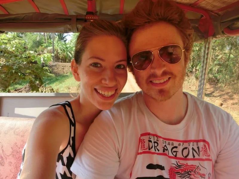 That Backpacker Audrey Bergner and Nomadic Samuel enjoying a tuk-tuk ride together in rural Cambodia 
