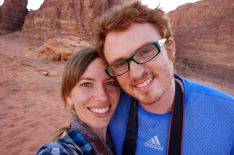 That Backpacker Audrey Bergner and Nomadic Samuel in Wadi Rum, Jordan with nothing but huge smiles enjoying every moment in the desert