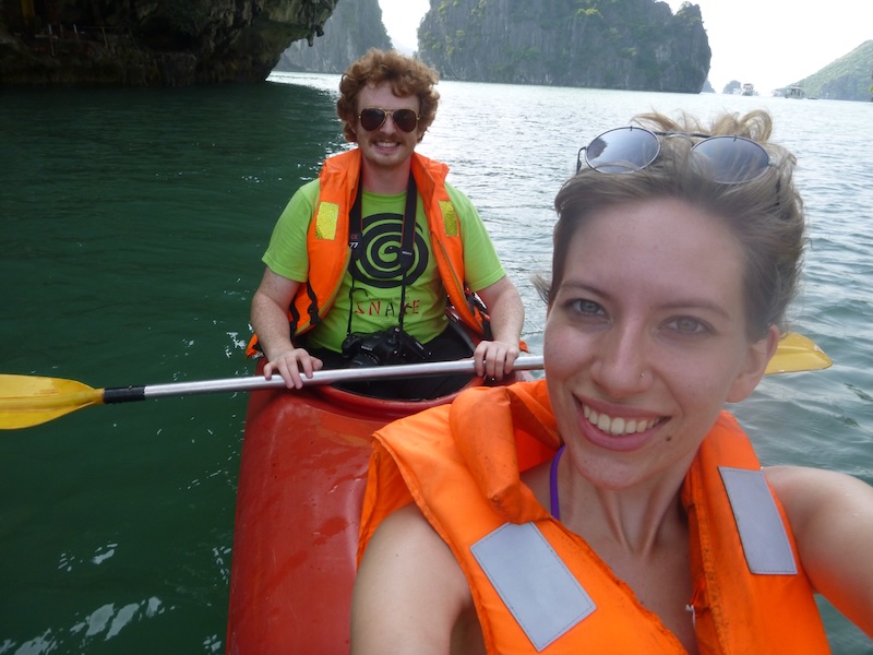 That Backpacker Audrey Bergner and Nomadic Samuel kayaking in Halong Bay, Vietnam 