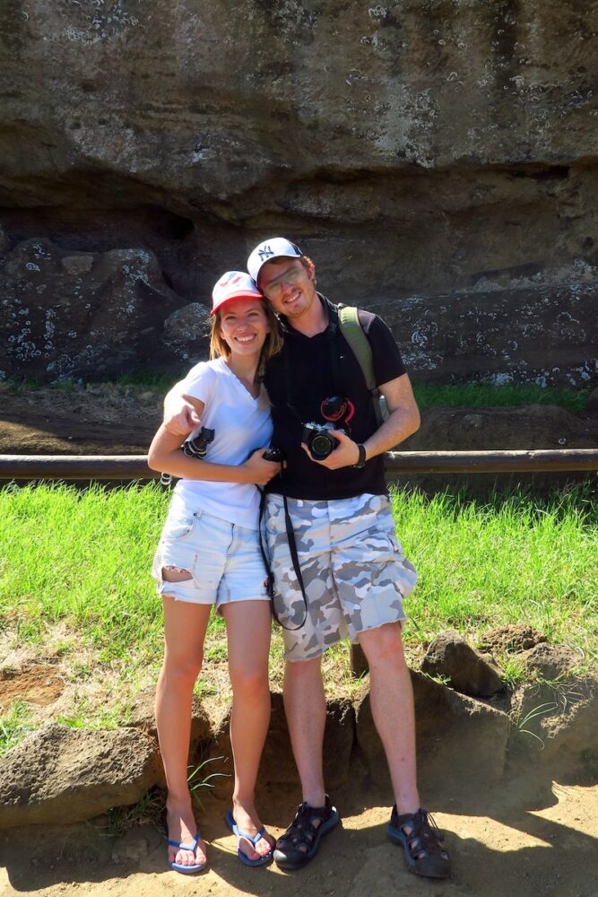 That Backpacker Audrey Bergner and Nomadic Samuel wearing hats, t-shirts and shorts visiting Easter Island, Chile 