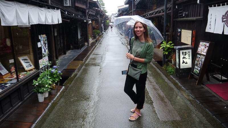 That Backpacker Audrey Bergner braving the elements with umbrella in hand in Takayama, Japan 