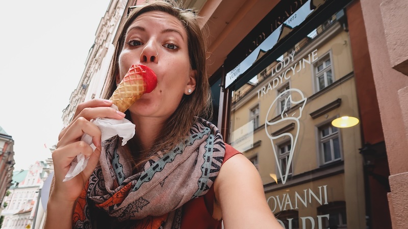 That Backpacker Audrey Bergner enjoying a delicious ice cream known locally as lody in Poznan, Poland 