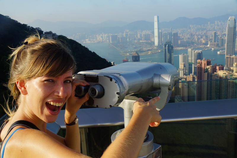 That Backpacker Audrey Bergner enjoying Hong Kong peak views from a high vantage point 