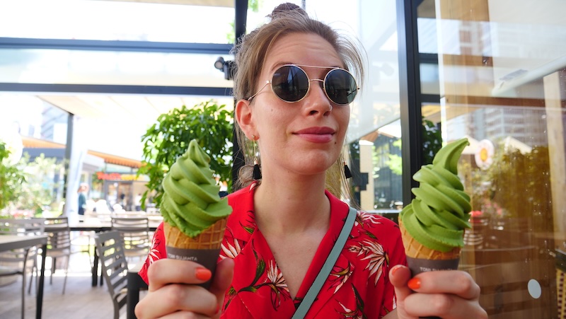 That Backpacker Audrey Bergner enjoying matcha ice cream in Osaka, Japan 
