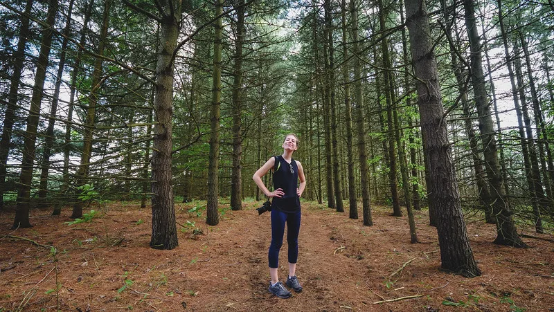 That Backpacker Audrey Bergner enjoying one of the hiking trails near the off-grid cabin at Jecara Farms in Ontario That Backpacker Audrey Bergner enjoying one of the hiking trails near the off-grid cabin at Jecara Farms in Ontario