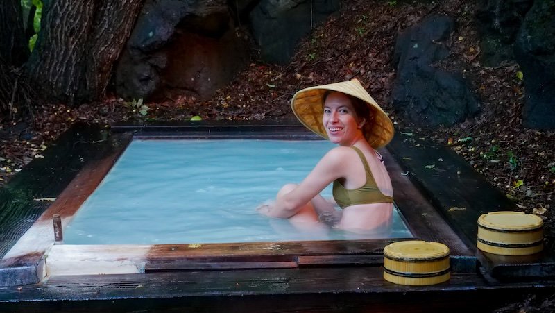 That Backpacker Audrey Bergner enjoying outside onsen at unique ryokan accommodations at Norikura Highlands in Nagano, Japan That Backpacker Audrey Bergner enjoying outside onsen at unique ryokan accommodations at Norikura Highlands in Nagano, Japan