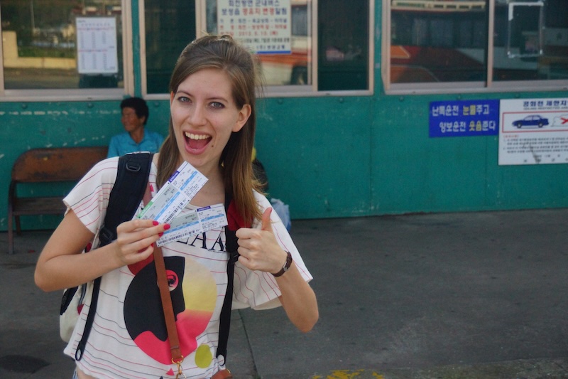 That Backpacker Audrey Bergner excited to buy train tickets for a weekend adventure in South Korea whilst teaching English 