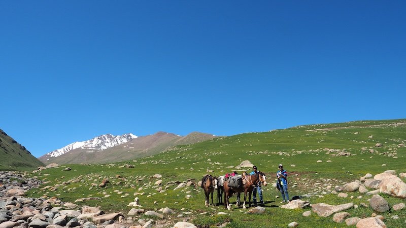 That Backpacker Audrey Bergner standing with our local guide and pack horses in a wide green alpine valley surrounded by rocky terrain and snow-capped peaks during the 3-Day Panorama Trek in Kyrgyzstan
