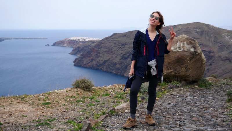 That Backpacker Audrey Bergner hiking in Santorini, Greece wearing trekking footwear to hit the trails during autumn That Backpacker Audrey Bergner hiking in Santorini, Greece wearing trekking footwear to hit the trails during autumn