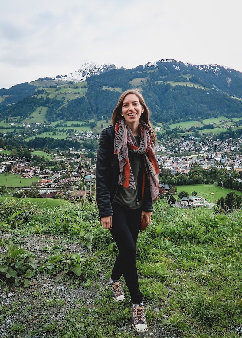 That Backpacker Audrey Bergner looking stylish with Austrian alps as the backdrop fall in Europe dressed for autumn season That Backpacker Audrey Bergner looking stylish with Austrian alps as the backdrop fall in Europe dressed for autumn season