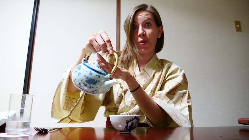 That Backpacker Audrey Bergner pouring tea during the ryokan meal in Takayama, Japan That Backpacker Audrey Bergner pouring tea during the ryokan meal in Takayama, Japan