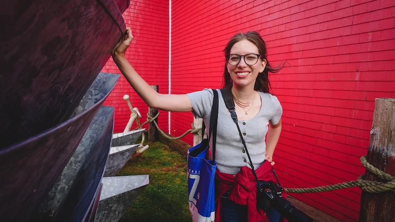 That Backpacker Audrey Bergner preparing herself for the perfect day in Lunenburg, Nova Scotia, Canada 