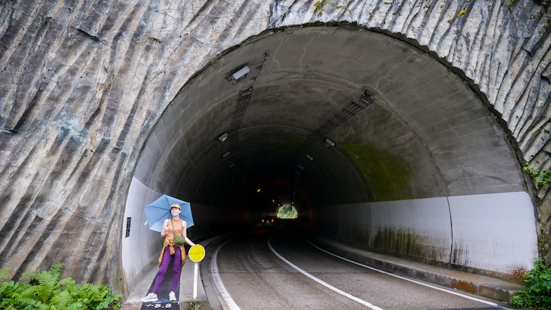 That Backpacker Audrey Bergner standing outside of a tunnel after our bus ride from Yuzawa, Japan 