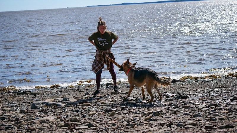 That Backpacker Audrey Bergner throwing a stick for a dog on Cape Breton