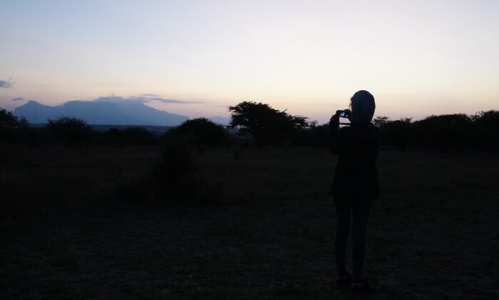 That Backpacker Audrey Bergner up bright and early when it is still dark outside in Kruger National Park in South Africa 