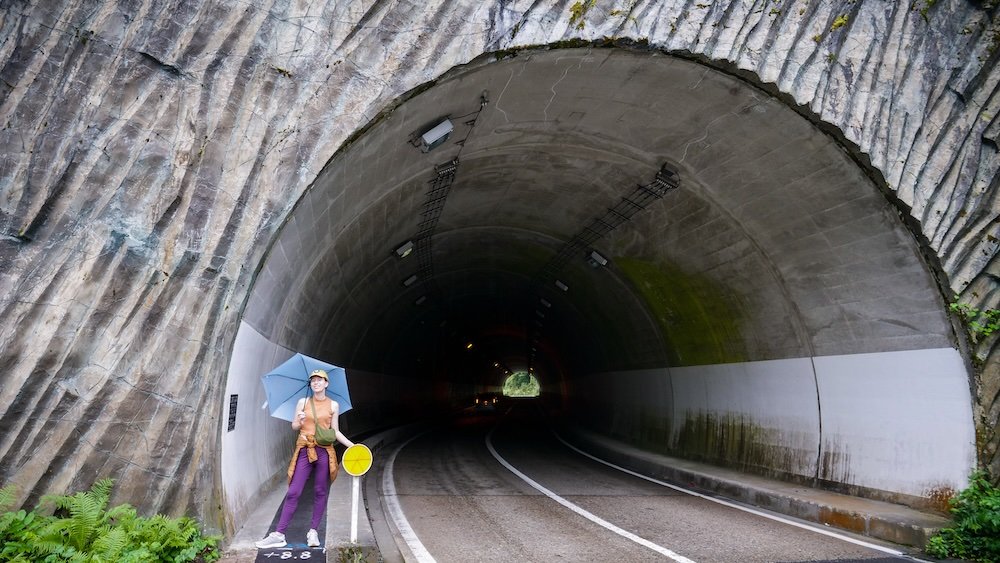 That Backpacker Audrey Bergner walking from the bus and posing by a tunnel to visit Kiyotsu Gorge, Japan That Backpacker Audrey Bergner walking from the bus and posing by a tunnel to visit Kiyotsu Gorge, Japan