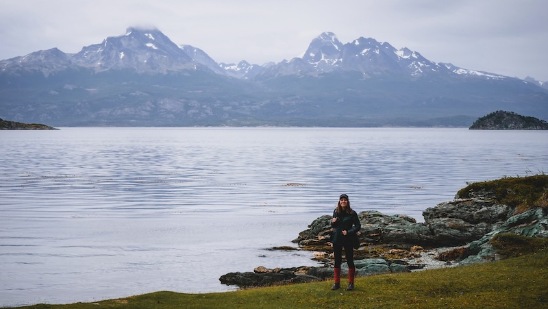 That Backpacker Audrey Bergner looking tiny next to rugged scenery hiking Tierra del Fuego National Park in Ushuaia, Argentina 